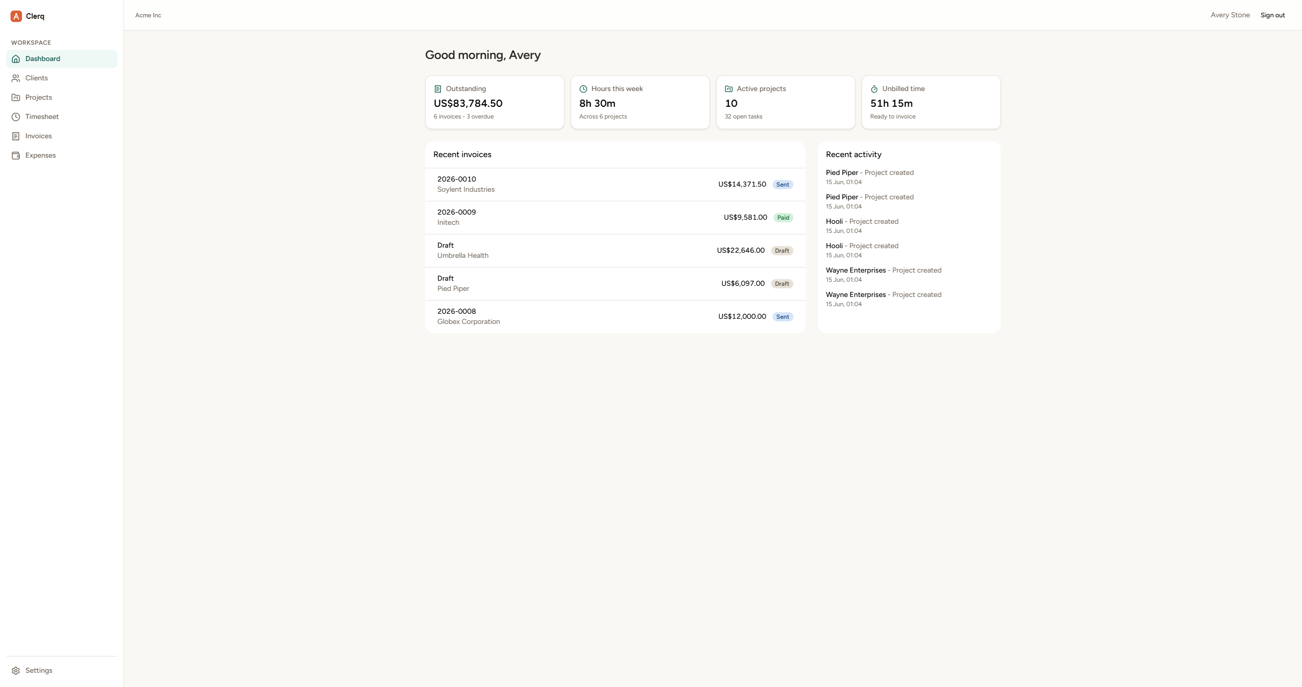 Clerq dashboard - outstanding, hours, active projects, unbilled time and recent invoices
