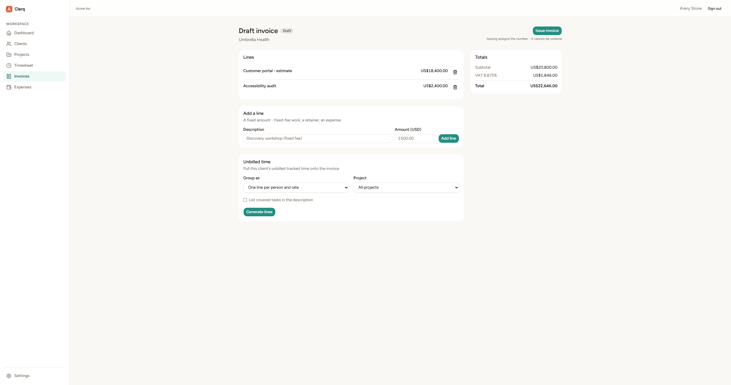 Clerq invoice editor with line items, multi-currency totals and VAT