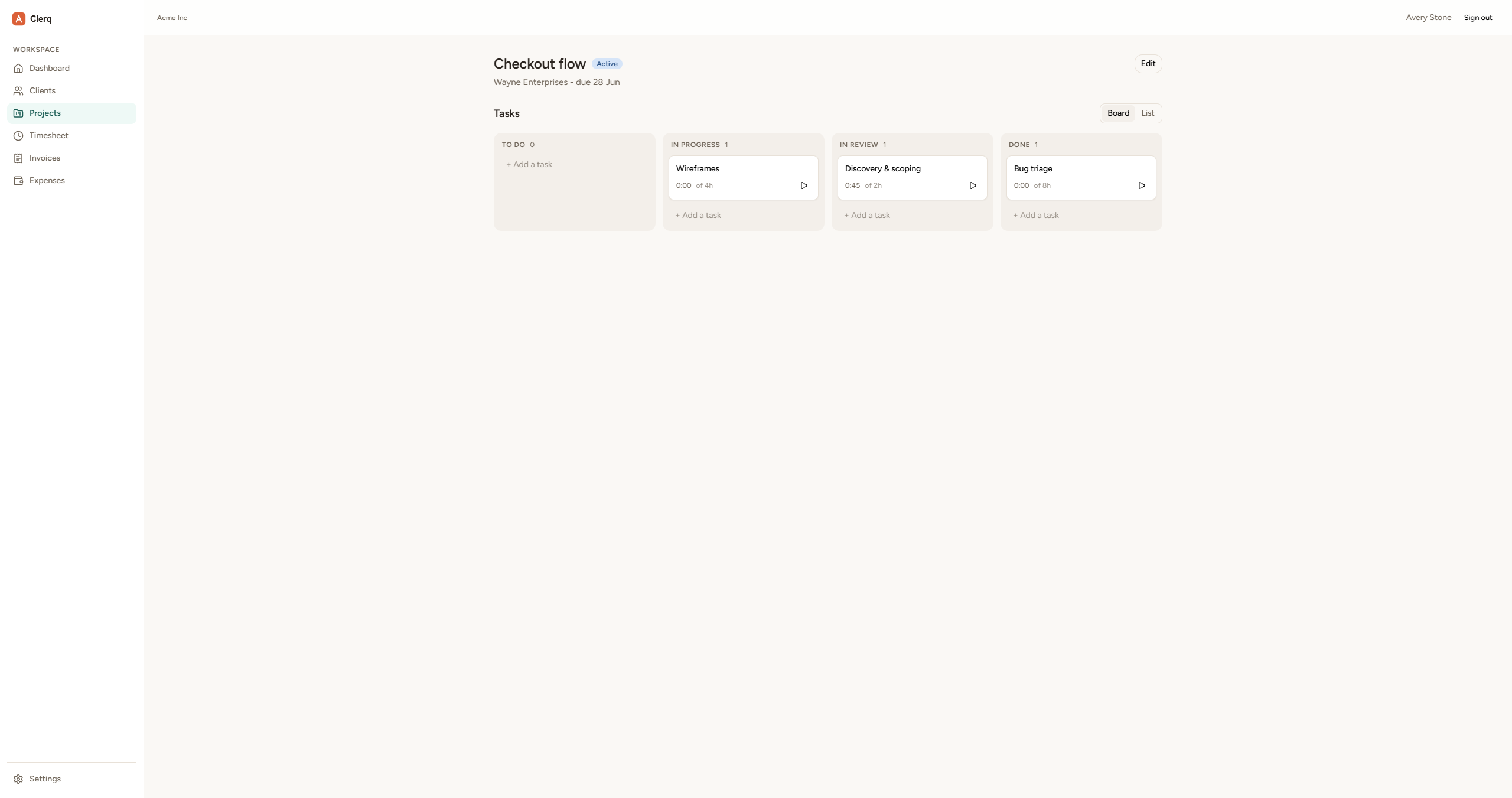 Clerq projects board with kanban tasks